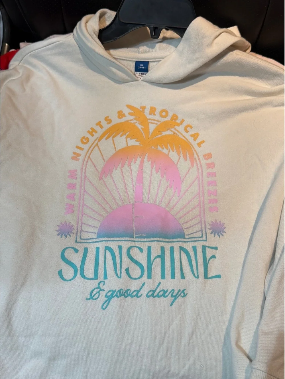Old Navy XL (14-16) White Hoodie with Tropical Sunshine Graphic Print